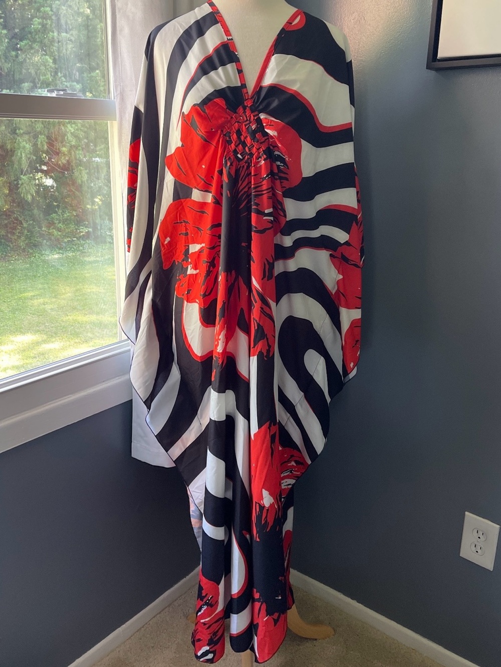 Maxi Caftan Dress in Red, Black & White - Elegant Floral Wave Print